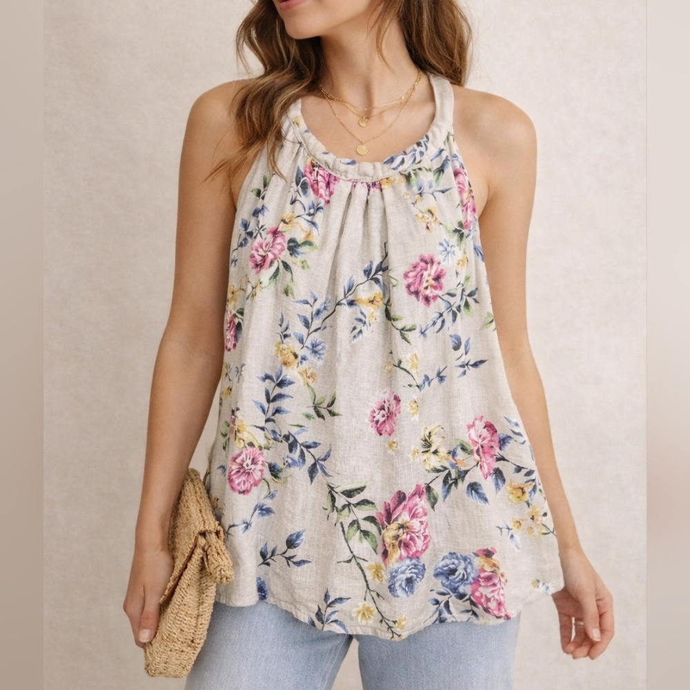 Women's Halter Top 100% Linen Floral Tie Back Boho Cottagecore S Loose Fit Sexy - Picture 2 of 11